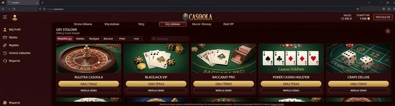 Gry stołowe w Cassoola Kasyno – ruletka, blackjack, poker